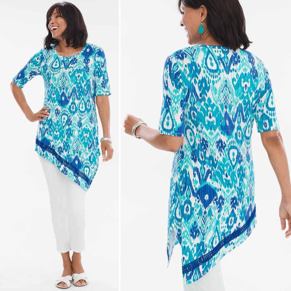 Chico's Assymetrical Crochet-Hem Ikat Tunic Top Blue Chico's size 3 (U.S. XL)